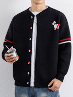 Du Jing Lan OBM 1pc Autumn/Winter New Arrival Men's Knitted Cardigan, Old Money Style Textured Contrast Color Crew Neck Single-Breasted Open Front Long Sleeve Knitted Cardigan Base Layer Top, Men's Casual Fashion, Suitable for Autumn and Winter Wear - Black