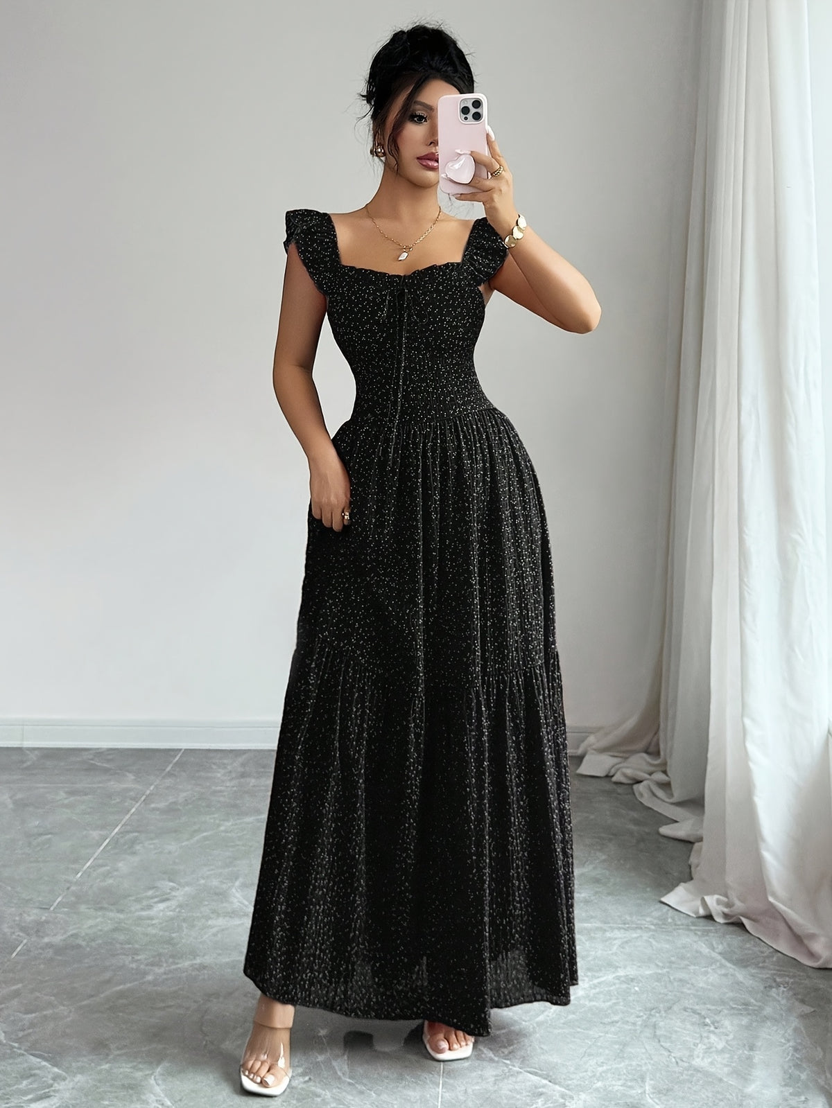 Elegant Casual Vacation Square Neck Lotus Dancing Sleeve Polka Dot Printed Textured Checkered Chiffon Fabric Back Tie Pleated Full Skirt Spring Summer Red Women'S Dress Summer Summer Women'S Long Skirt Vacation Dress Women'S Polka Dot Dress Elegant - Black