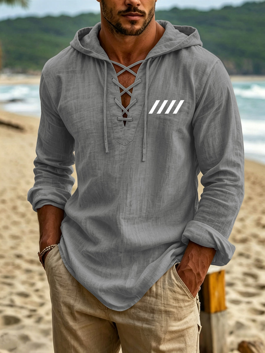Men's Stylish Linen Hooded Long-sleeve Top Features a Geometric Slash Line Print Across the Chest for a Striking Visual Accent. The Cross-tie V-neck Collar Offers a Distinctive Collar Style, While the Hooded Long Sleeves and Arched Hem Make It - Dark Gray