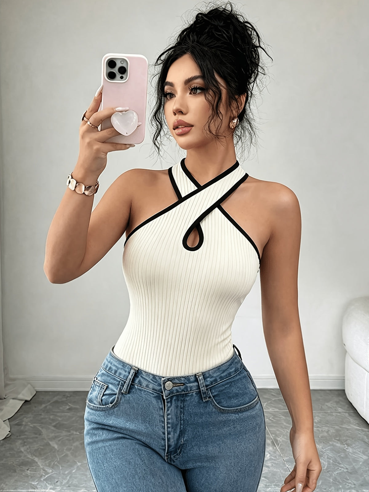 Women's Sexy Hot Style Bodysuit, Criss-Cross Halter Neck Cut-Out Slim Fit Jumpsuit, Suitable for Spring/Summer Dates and Parties - Off-white