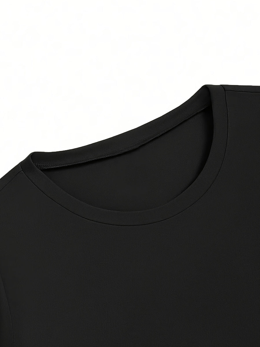 Women'S Sexy Solid Color Tight Long Sleeve T-Shirt - Fashionable Round Neck Basic Top, Slim Fit Design for Spring And Autumn Seasons, Elastic Fabric - Black