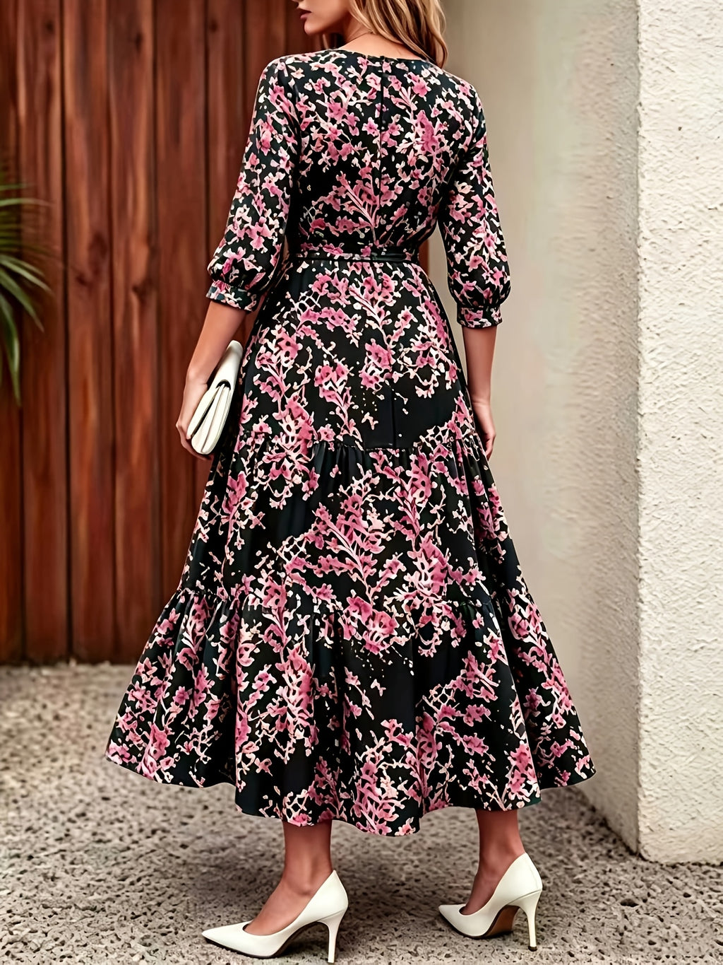 Elegant Casual Daily Office Street Round Neck Three-Quarter Sleeve Spring Summer Dress, Summer Dress - Black