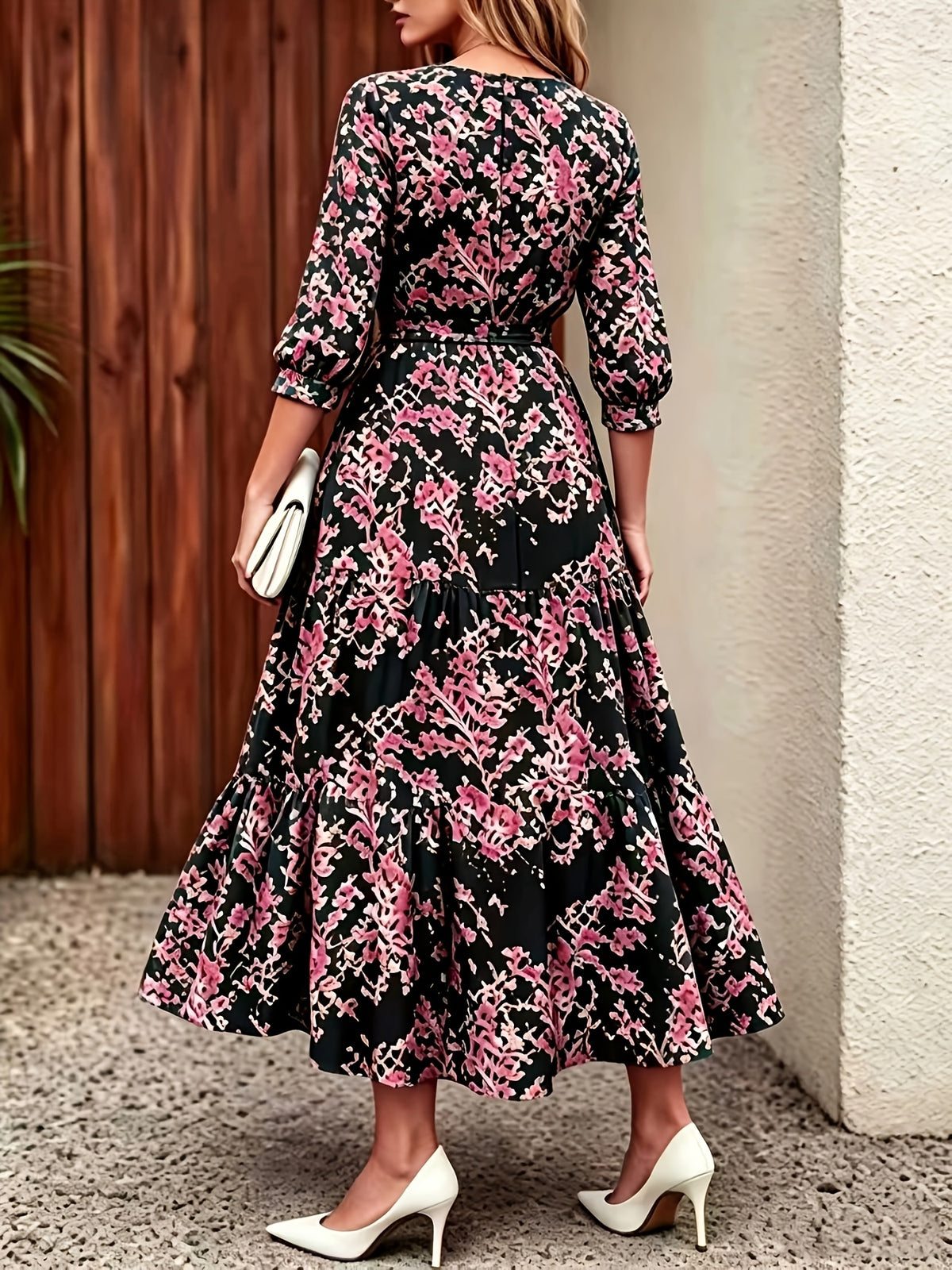 Elegant Casual Daily Office Street Round Neck Three-Quarter Sleeve Spring Summer Dress, Summer Dress - Black