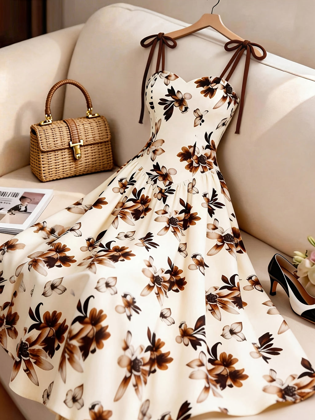 Women's Apricot-colored A-line Dress with Brown Floral Pattern, Thin Straps, and Waist Design. Perfect for Vacations, Commuting, Music Festivals, Dates, French Bohemian Style, Beach Outings, Streetwear, Versatile Wear, and Spring/summer Seasons - Mixed colors