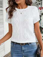 New Summer Women's T-Shirt, Round Neck Jacquard, Casual, Versatile, Fashionable, Simple, Solid Color Short Sleeve Top - White