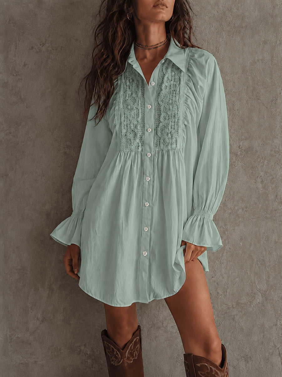 2026 Spring/Autumn Front Short Back Long Designer Style Loose Fit Elegant Solid Color Button-Up Elastic Cuffs Patchwork Lace Trim Women's Blouse ZLLZ - Light Green
