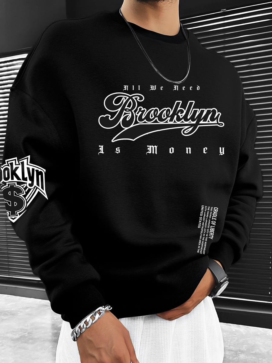 Men'S Fashion Casual "Brooklyn Victory" Letter Print Sweatshirt, Polyester Fabric, Loose Fit, Versatile Men'S Sweatshirt - Midnight Black