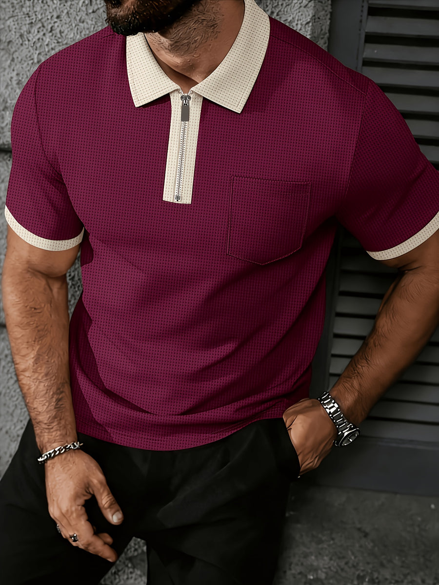 High-quality Men's Design Zippered Short-sleeved Polo Shirt, Contrasting Color Collar Design, Soft Fabric, Comfortable Experience, Versatile and Trendy Style, Suitable for Various Occasions Such as Traveling, Shopping, Casual Walking, Etc. - Red