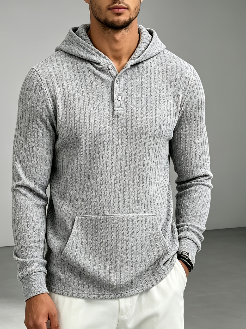 New Men'S Textured Jacquard Hooded Sweatshirt, Henley Button-Front Pouch Kangaroo Pocket Loose Stretch Long Sleeve Casual Top - Light Grey