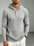 New Men'S Textured Jacquard Hooded Sweatshirt, Henley Button-Front Pouch Kangaroo Pocket Loose Stretch Long Sleeve Casual Top - Light Grey