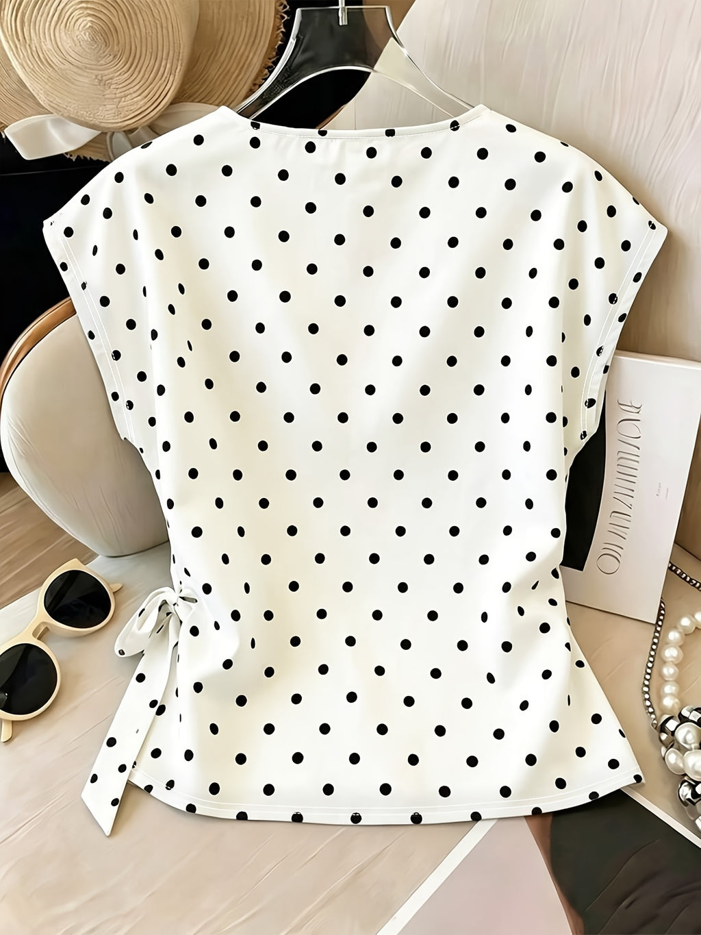 Ladies Polka Dot Printed Round Neck Side Tie T-Shirt - Mixed colors