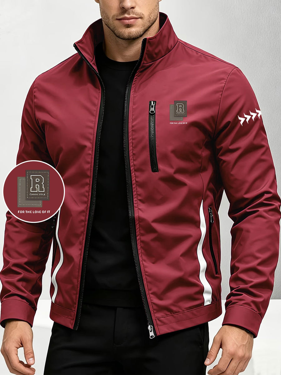 Men'S Spring Autumn Stand-Collar Casual Jacket, Zipper-Style Lightweight Coat, Side Contrast Stand-Collar Sporty Commuter Top - Burgundy