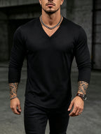 Mens V-Neck Long Sleeve Tshirt Ribbed Knit Stretch Slim Fit Casual Date Work Daily Fall Top - Black