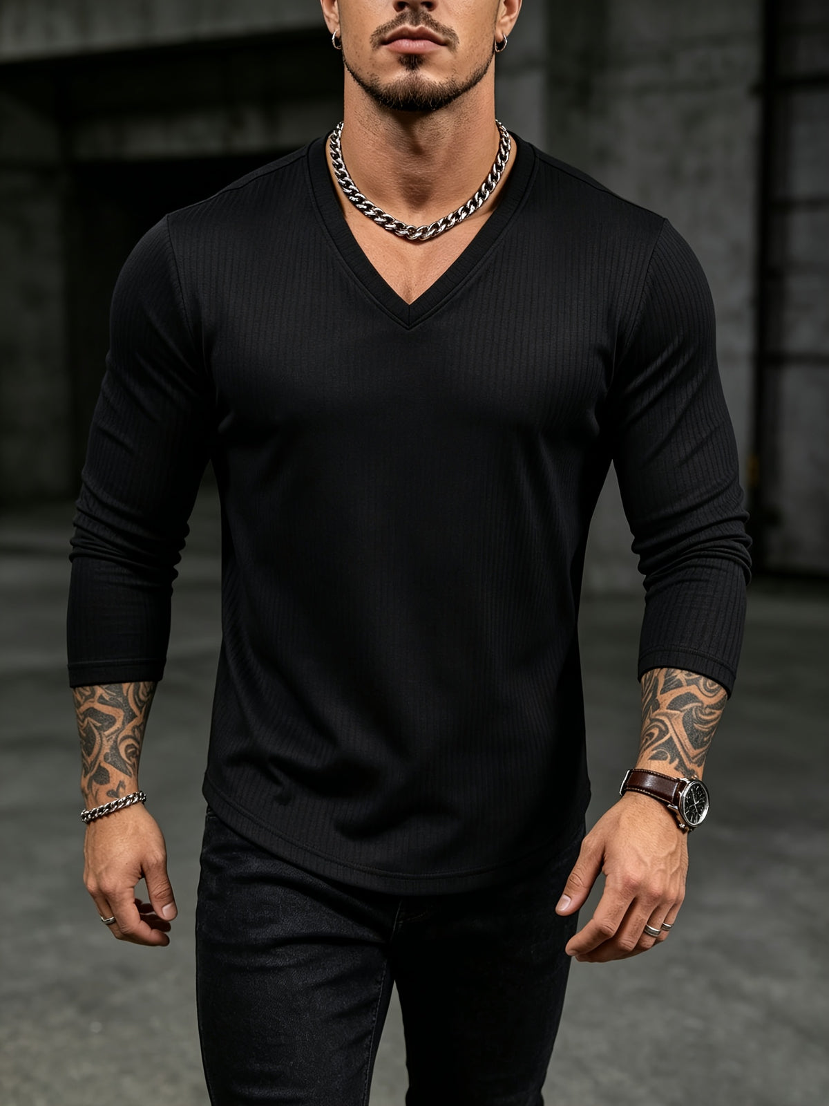 Mens V-Neck Long Sleeve Tshirt Ribbed Knit Stretch Slim Fit Casual Date Work Daily Fall Top - Black