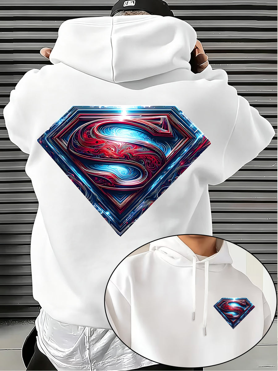 Warner Bros. Official Light and Shadow Superman S-Logo Printed Hooded Sweatshirt — Unisex Loose Pullover, Suitable for Casual, Sports, and Daily Wear, Machine Washable and Warm, for Autumn and Winter - White