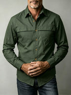 Men'S Solid Color Casual Long-Sleeved Work Shirt, Double Pocket Design, Skin-Friendly And Breathable Fabric, Slim Fit, Stylish And Crisp, Versatile for Spring And Autumn Commuting, Outdoor Activities, And Daily Wear, Durable And Easy to Care for - Olive Green
