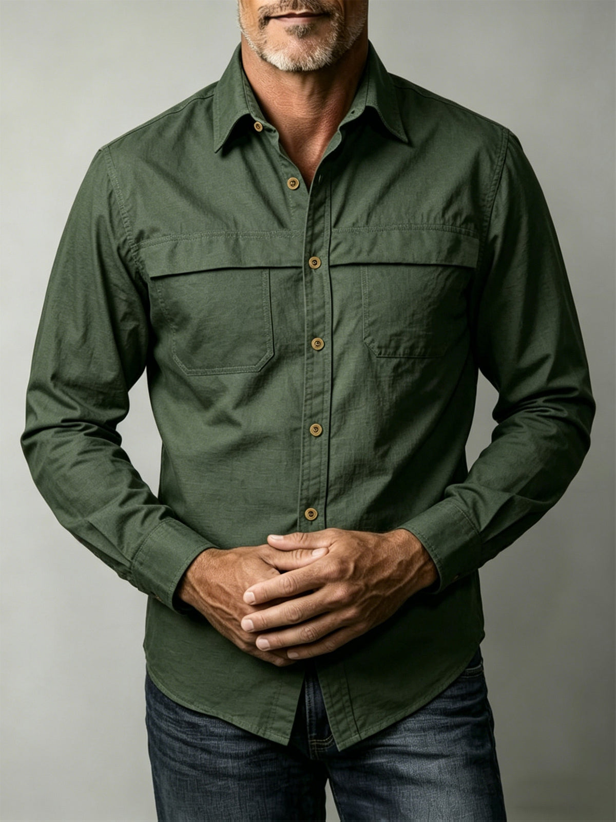 Men'S Solid Color Casual Long-Sleeved Work Shirt, Double Pocket Design, Skin-Friendly And Breathable Fabric, Slim Fit, Stylish And Crisp, Versatile for Spring And Autumn Commuting, Outdoor Activities, And Daily Wear, Durable And Easy to Care for - Olive Green