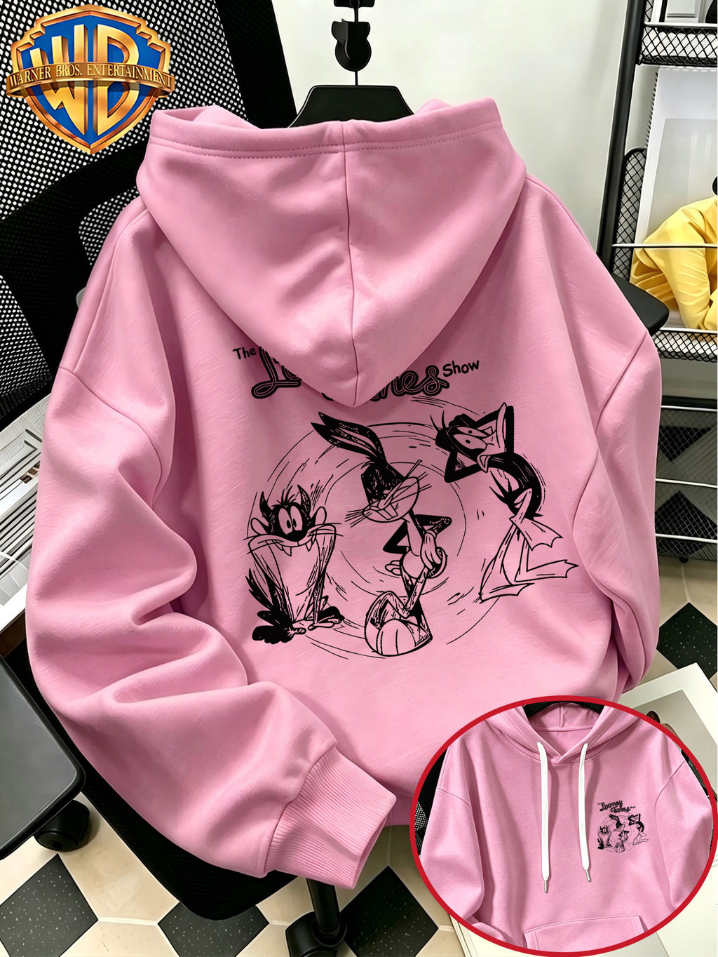 Warner Bros Official Autumn/Winter Casual Sporty Loose Hooded Sweatshirt, Sketch Hand-Drawn Spinning Cartoon Print, Men's Casual Versatile Adjustable Drawstring Sweatshirt, Comfortable and Casual Autumn/Winter Apparel, Ideal for Sports - Pink Color