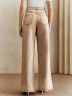 Autumn/Winter Women's High-Waist Fashion Cut-Out Straight-Leg Loose Wide-Leg Denim Jeans - Khaki