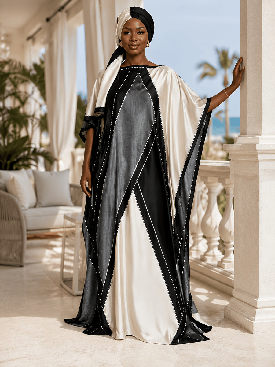 Plus Size, 2pcs Classic Khaki Geometric Printed Long Robe+1 Scarf Set Women's Large Ship Collar Loose Bat Sleeve Kaftan Robe Vacation Beach Dress Bohemian Style Large Banquet Dress Home Sleeping Robe - Dark Khaki