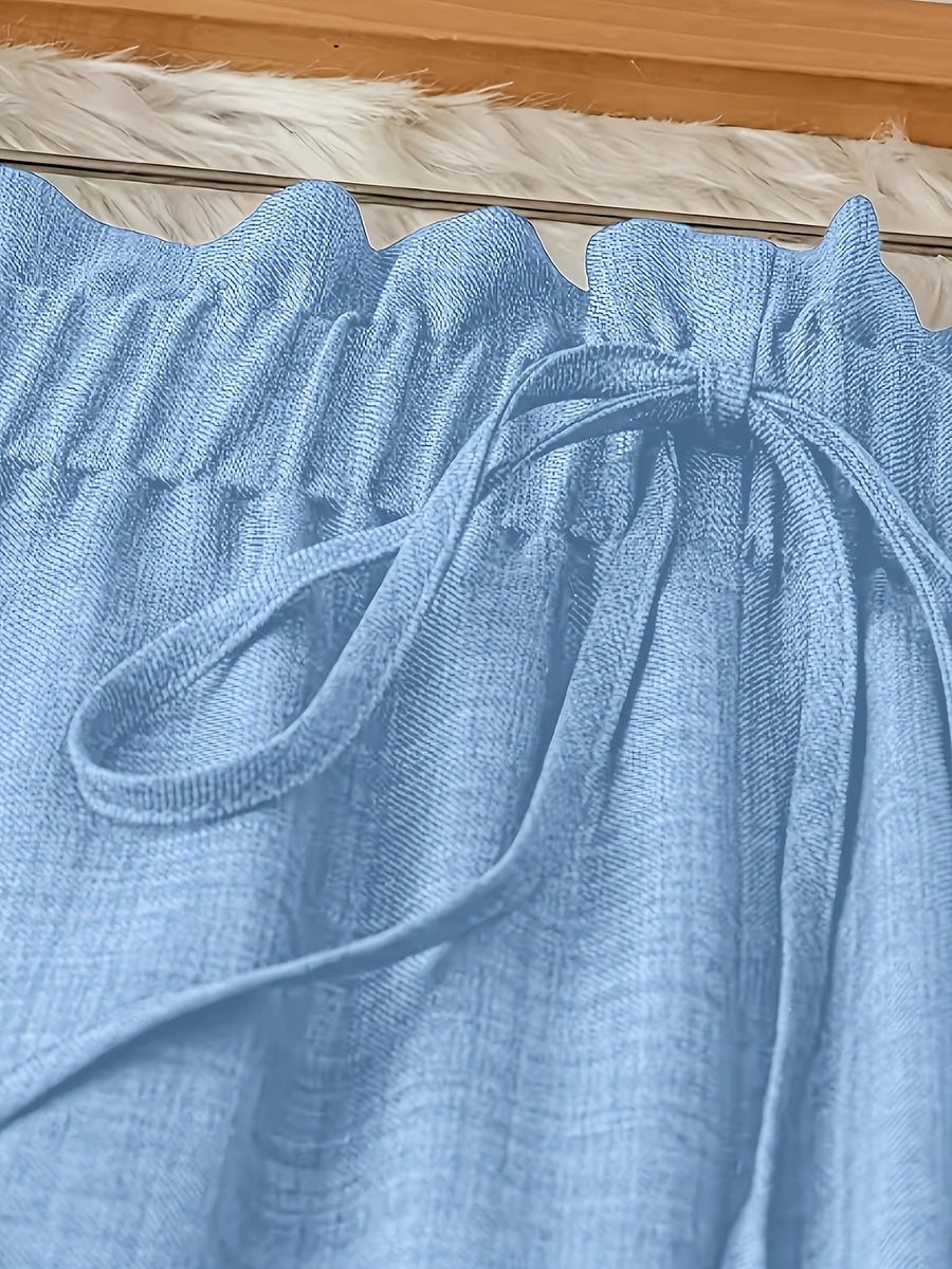 Women's Elegant Solid Color Faux Drawstring Waist Comfortable Long Pants - Sky Blue