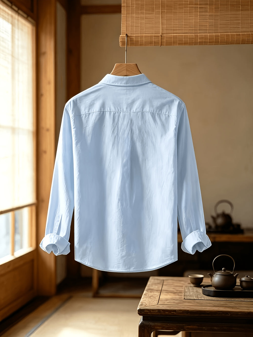 Men'S Autumn Classic Solid Color Long Sleeve Button-Up Shirt, Lapel Collar Casual Blouse, Loose Soft Breathable Daily Top - Light Blue
