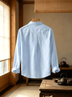 Men'S Autumn Classic Solid Color Long Sleeve Button-Up Shirt, Lapel Collar Casual Blouse, Loose Soft Breathable Daily Top - Light Blue