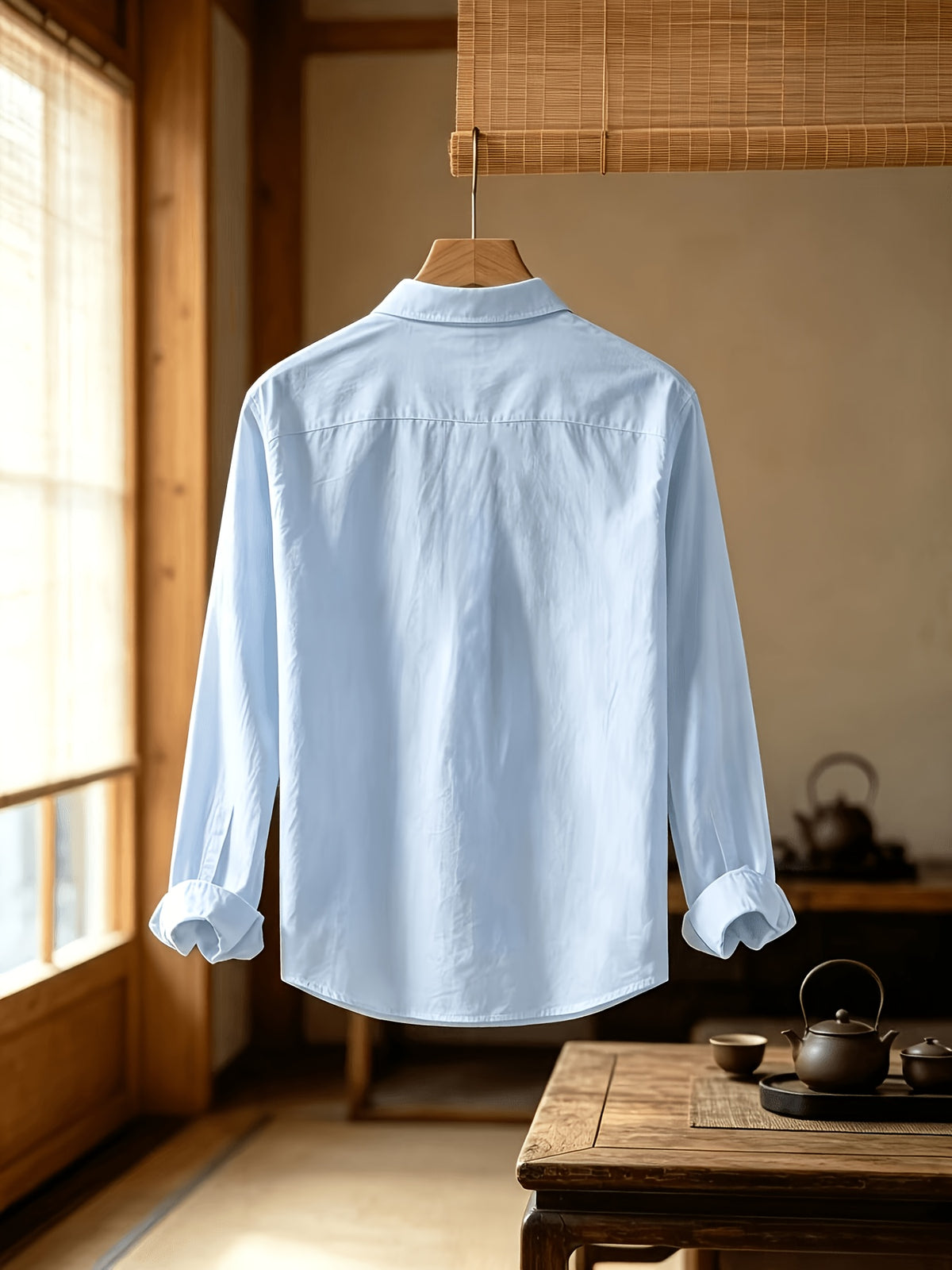 Men'S Autumn Classic Solid Color Long Sleeve Button-Up Shirt, Lapel Collar Casual Blouse, Loose Soft Breathable Daily Top - Light Blue