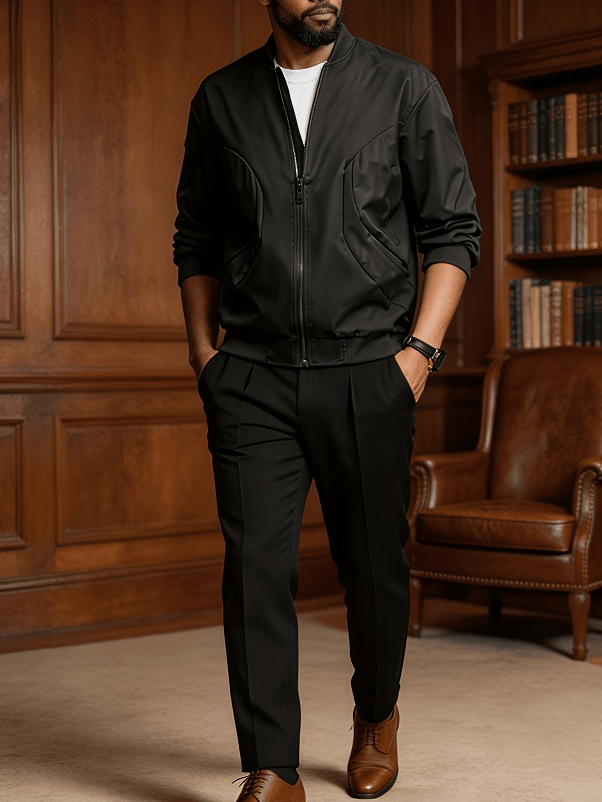 Men'S Classic Zipper Jacket, 100% New Polyester Fiber Solid Color Outerwear, Wrinkle-Resistant Lightweight Long Sleeve Coat, Men'S Work-Use Jacket, Casual Daily Wear, Business Commute, Suitable for Business Casual, Daily Outings, Travel - Black