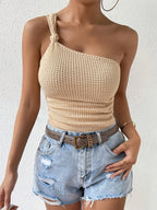 2025 Summer Women'S Solid Color One Shoulder Knotted Waffle Weave Sheer Top - Apricot