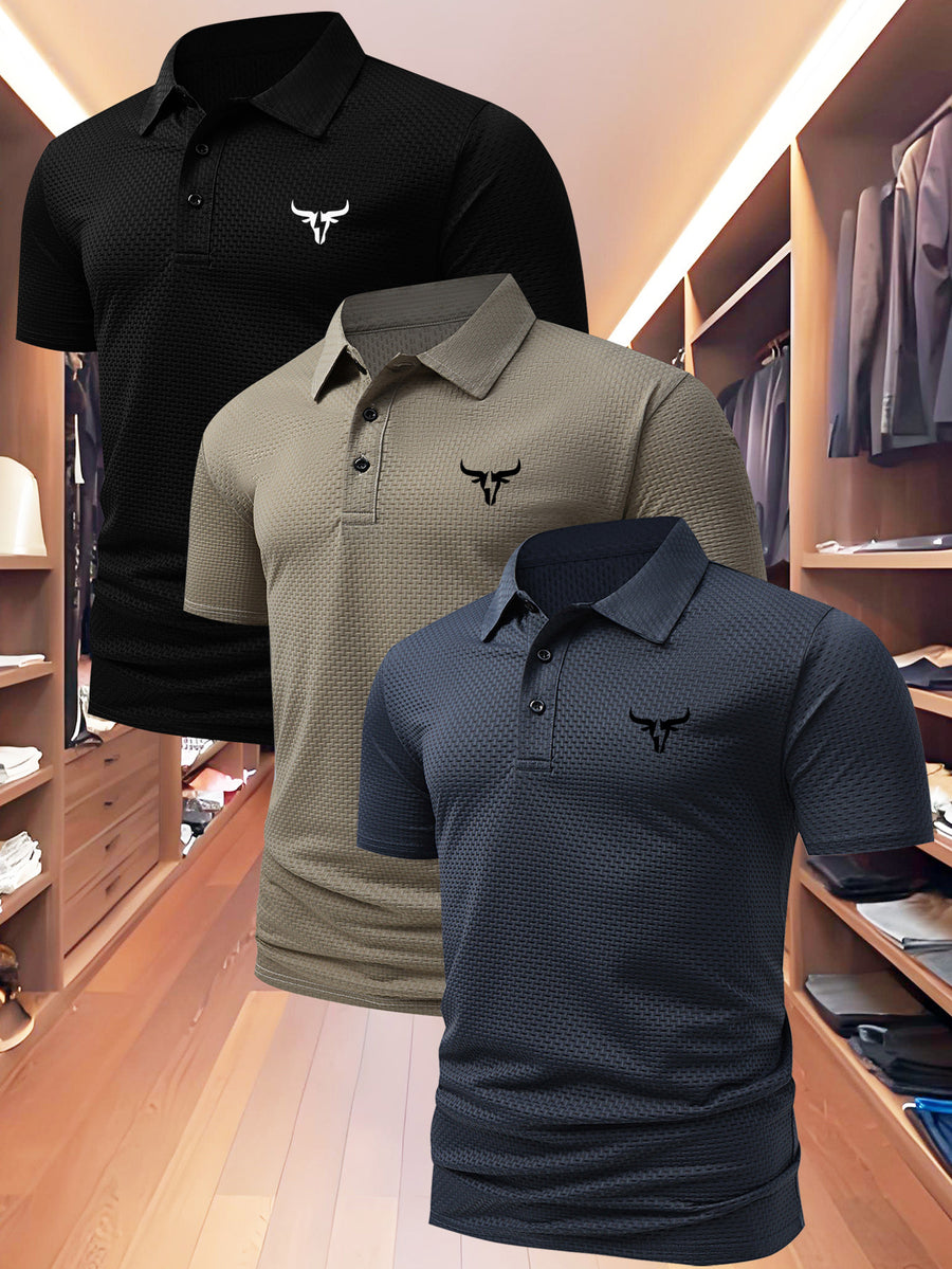 3pcs Value Pc, Summer Short-sleeve Polo Shirt! New Jacquard Fabric, Quick-drying, Lightweight and Breathable, Easy to Wash and Dry Quickly. Men's Color-blocked Cool and Comfortable Polo Shirt with Lapel, for Sports and Casual Wear. Men's Short-sleeve - Black Card Blue