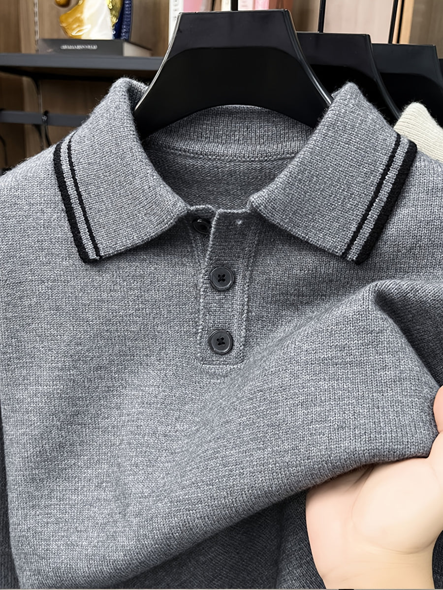Men'S Lapel Long Sleeve Knit Sweater, Ribbed Cuffs And Hem, Versatile for Casual And Business Wear - 【Light Grey】