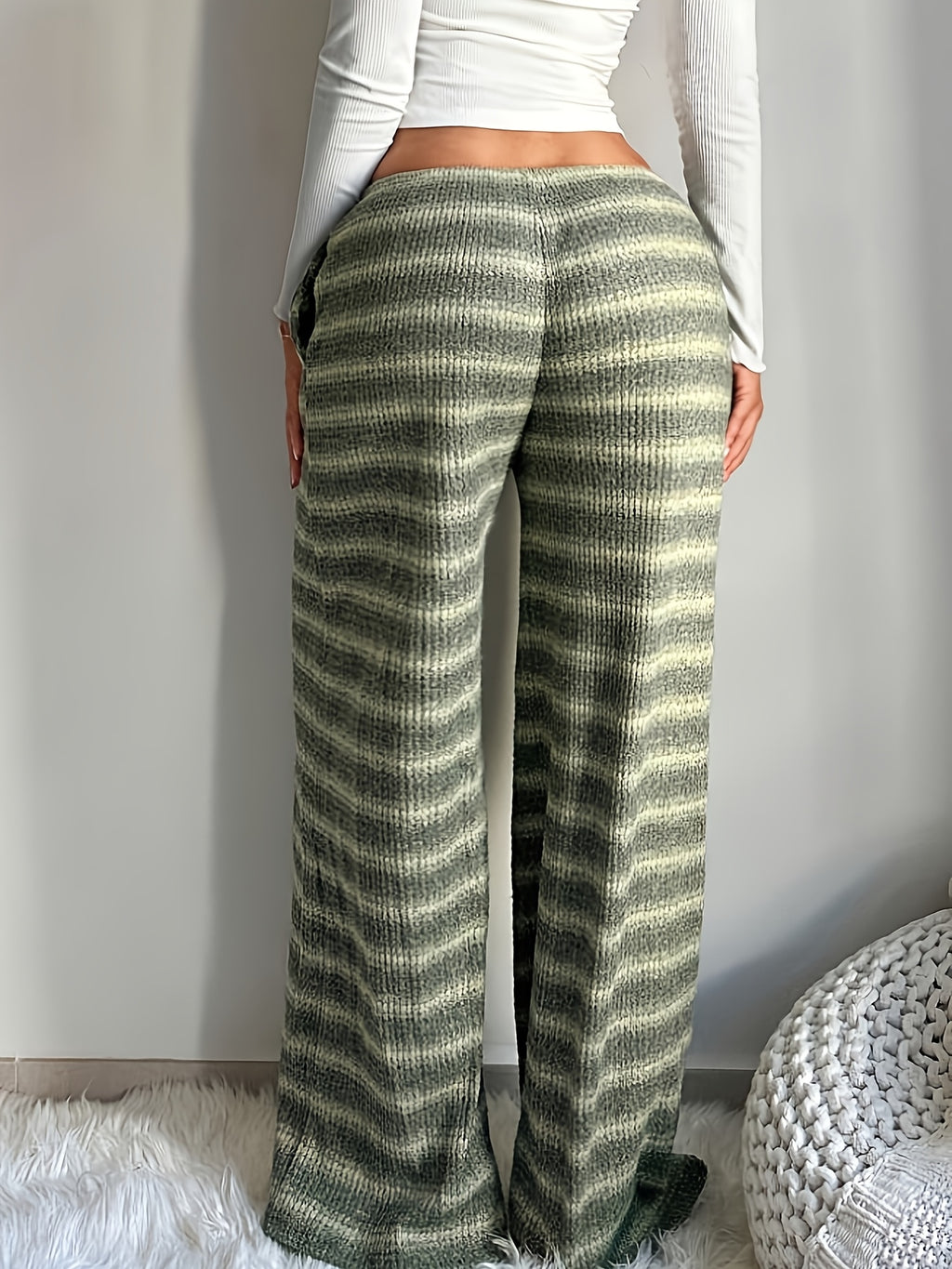 Women'S Casual Striped Textured Elastic Drawstring Waist Pocket Wide-Leg Pants - Green