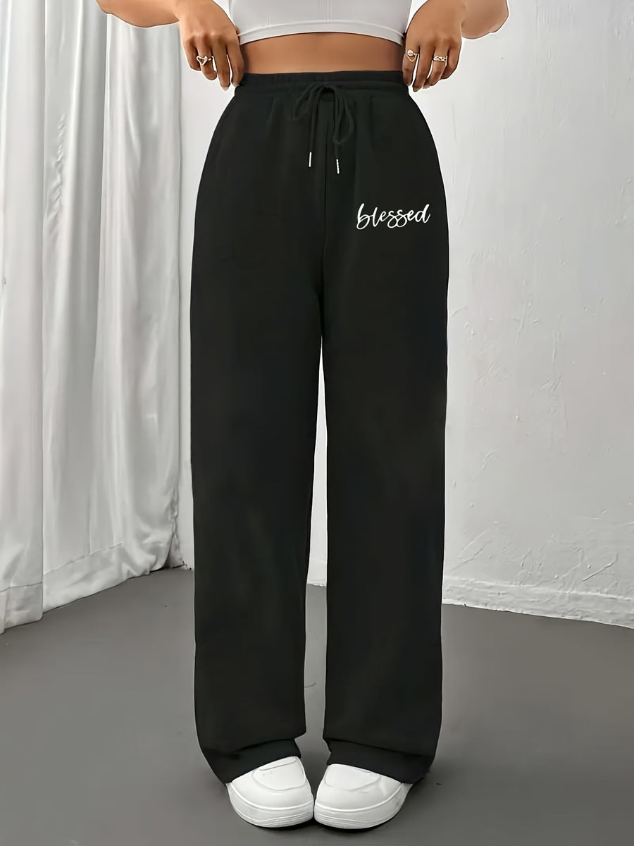 Women's Casual Jogger Pants with Drawstring Waist & Elastic Cuffs - All-Season Comfort Polyester, Trendy Geometric Print Straight-Leg Design for Workouts & Casual Attire, Jogging Pants - Black