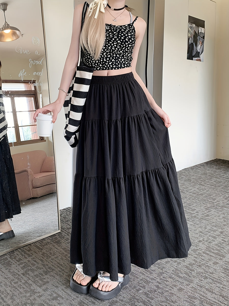 A-Line Umbrella Sweet Spring And Autumn Women'S High-Waisted Long Skirt with Elastic Waistband, Long Skirt with Lining, Beach Party Long Skirt - Black
