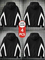 [4pcs] 2026 Autumn Winter Men'S Street Style Hooded Sweatshirt, Side Diagonal Contrast Lines Long Sleeve, Adjustable Drawstring Large Kangaroo Pouch for Phone, Skin-Friendly Warm Back-To-School Casual Rock Party Versatile Pullover Hoodie - Black + Black + Black + Black
