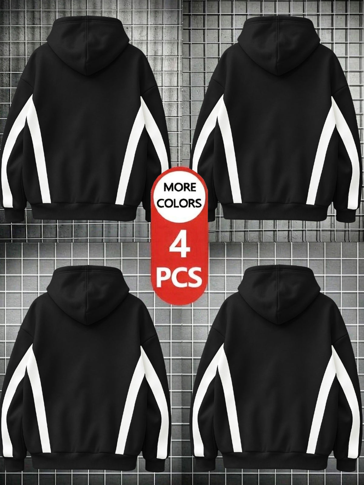 [4pcs] 2026 Autumn Winter Men'S Street Style Hooded Sweatshirt, Side Diagonal Contrast Lines Long Sleeve, Adjustable Drawstring Large Kangaroo Pouch for Phone, Skin-Friendly Warm Back-To-School Casual Rock Party Versatile Pullover Hoodie - Black + Black + Black + Black