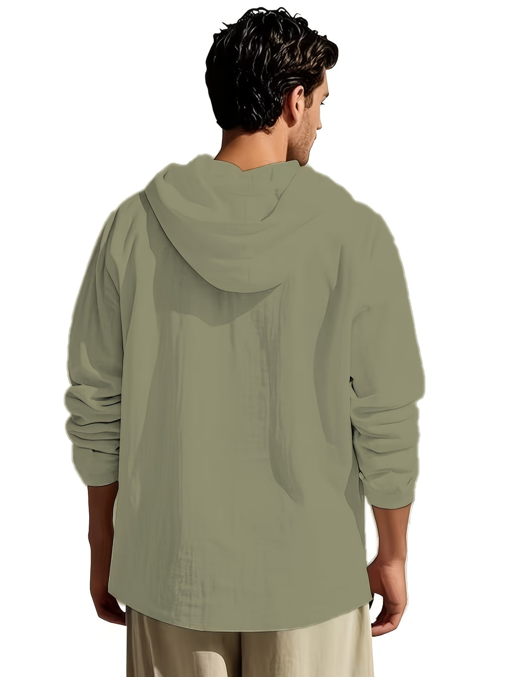 Men'S Linen Hooded Drawstring Henley Shirt Breathable Skin-Friendly Anti-Wrinkle Drape Daily Commute/Outdoor Leisure/Light Exercise Drawstring Hood And Button-Up Placket Loose All-Match Multi-Color Optional - Olive Green