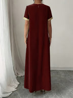 Middle East Round Neck Temperament Loose Belly-Covering Vacation Retro Niche Design Dress Short-Sleeved Long Skirt - Burgundy