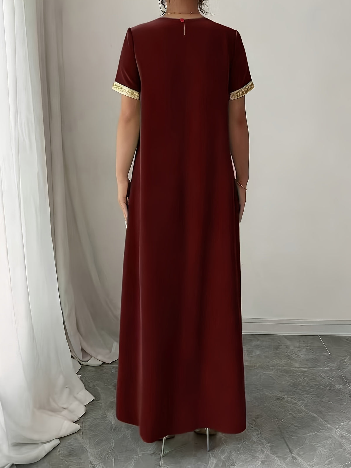 Middle East Round Neck Temperament Loose Belly-Covering Vacation Retro Niche Design Dress Short-Sleeved Long Skirt - Burgundy