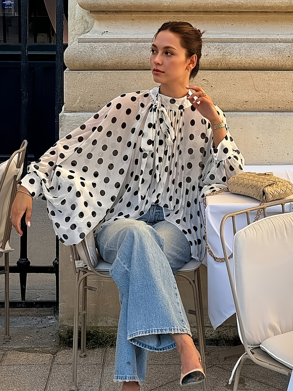 Fashionable Spring/Summer Elegant Casual Semi-Sheer Polka Dot Pattern Shirt Bow Tie Collar Lantern Sleeve Loose Fit Women'S Shirt - White