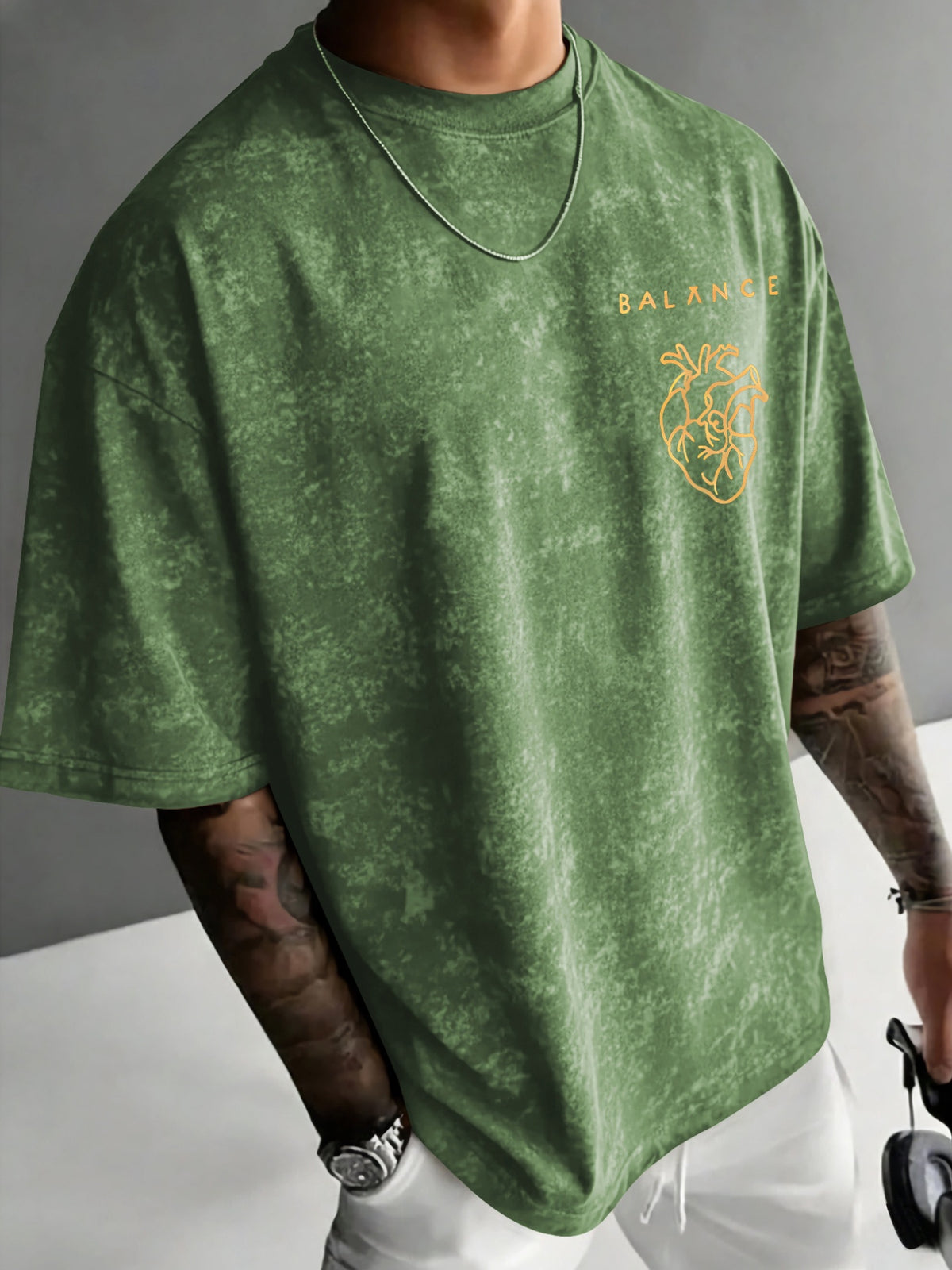 Men'S Distressed BALANCE Balance Print T-Shirt, Regular Casual Round Neck Short Sleeve, Minimalist Niche Trendy Top - Green