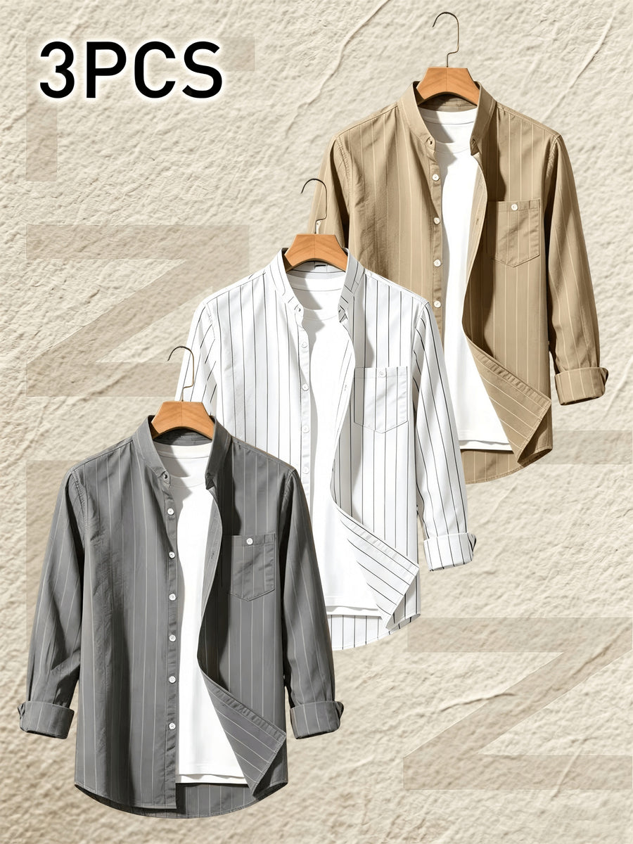 Pearson OBM 3pcs Set Men's Striped Linen Long-Sleeve Shirt; Sporty Casual Lapel Shirt with Pockets; Fashionable, Breathable, and Comfortable Fabric; Top for Beach Vacations and Outdoor Travel - Gray + White + Khaki