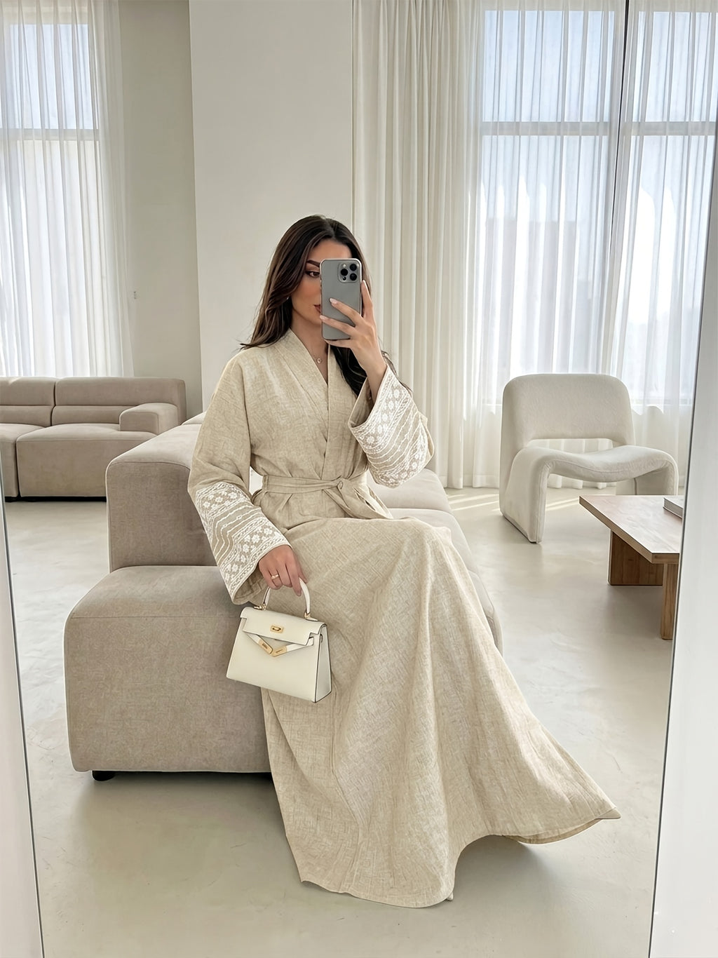 1pc Fashionable And Elegant Vacation Solid Color Sleeve Embroidered Flower Shirt Light And Breathable Easy Modest Open Style for Daily Wear Travel Comfortable Casual Cardigan. Muslim Abaya And Robe Summer Abaya Women'S Open Abaya Fashion Easy Women - Off-white