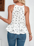 Polka Dot Halter Neck Tie-Back Fashion Tank Top - White