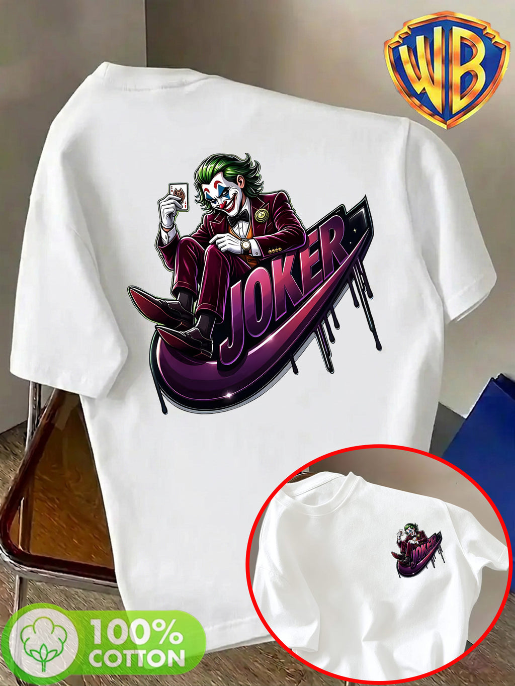 Warner Bros. Official Unisex Summer Loose-Fit Crew Neck Short-Sleeve T-Shirt, Suitable for Daily Commutes, Street Outings, City Trips, and Friend Gatherings. Features a Large Burgundy Suit-wearing Joker Sitting on Purple Graffiti Sneakers - White