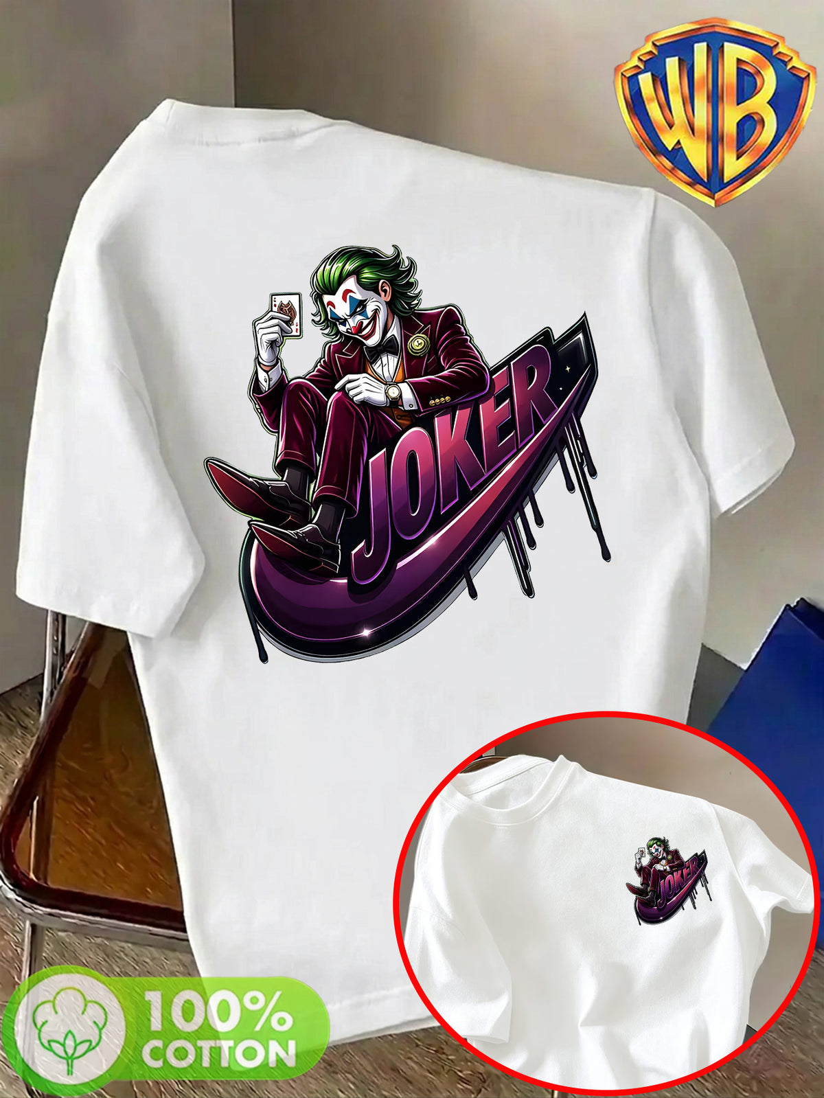 Warner Bros. Official Unisex Summer Loose-Fit Crew Neck Short-Sleeve T-Shirt, Suitable for Daily Commutes, Street Outings, City Trips, and Friend Gatherings. Features a Large Burgundy Suit-wearing Joker Sitting on Purple Graffiti Sneakers - White