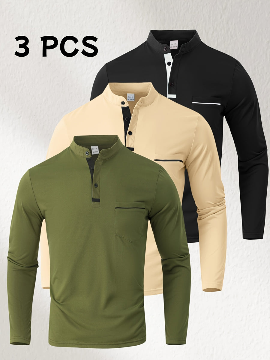 [Josh May OBM] 3pcs Men'S Long Sleeve Henley Shirts, Skin-Friendly Comfortable Fabric, Natural Elasticity Wearing Experience, Slim Casual Fit, Stand Collar Button-Up Design, Contrast Color Patchwork Detail, Chest Pocket Decoration - Army Green + Light Khaki + Black