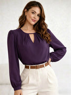 Princess Sleeve Loose Top 2026 Summer New Arrival Women's Versatile Top, Hollow V-Neck Long Sleeve Women's Shirt, French-Style Vintage Puff Sleeve Blouse, Maillard Style Versatile Elegant Top, French-Style Vintage Style, Maillard Casual Style - Purple