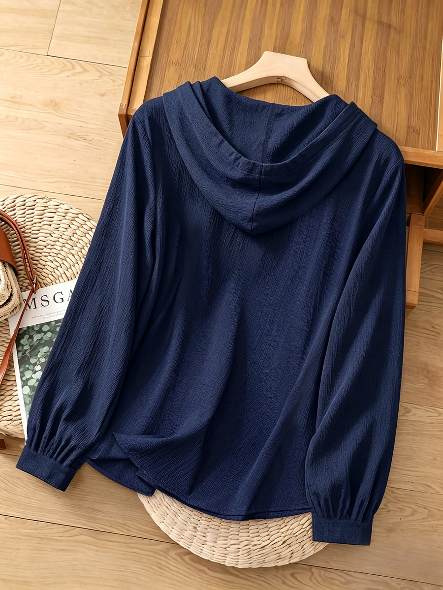 Plus Size, Plus Size Women's Solid Color Embroidered Button Hooded Top, New Autumn/Winter Shirt - Navy Color